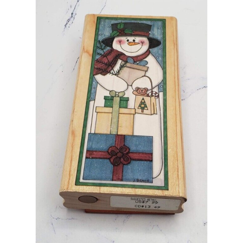 Christmas Snowman With Present Folk Art Rubber Stampede Rubber Stamp A2315F